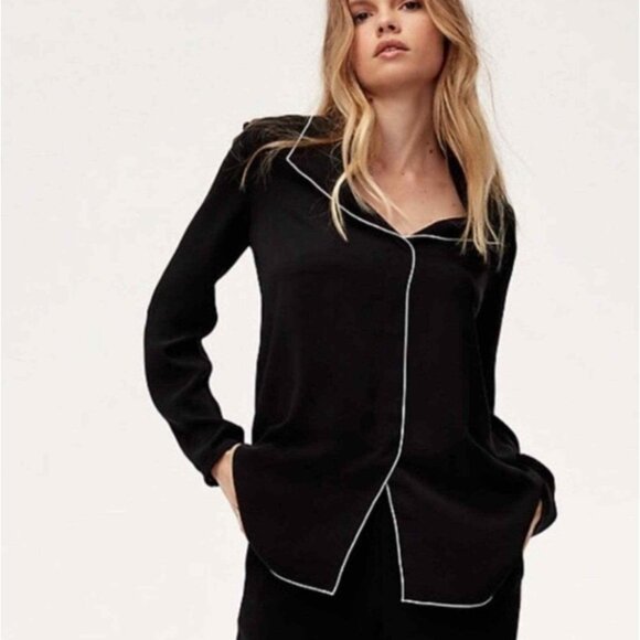 Aritzia  Babaton Black Rena Satin Classic Blouse white trim XS - Picture 1 of 11